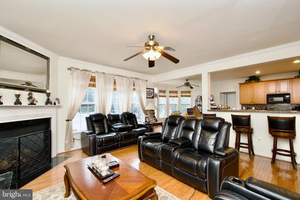 Home Theatre Room, Fireplace, Interior, Kitchen, Living room, Recessed Lighting, Wood Texture Flooring