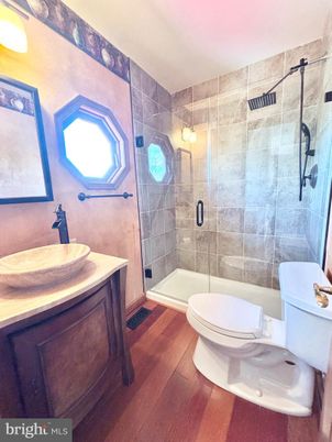 Bathroom, Glass Shower, Interior, Wood Texture Flooring
