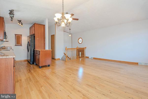 Chandelier, Empty room, Interior, Kitchen, Pendant Lights, Wood Texture Flooring