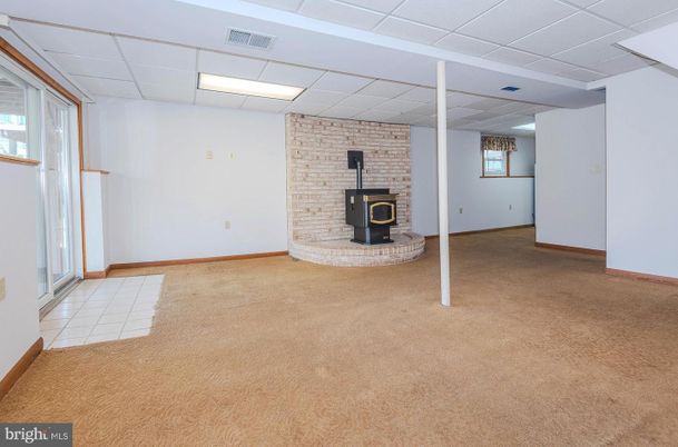 Empty room, Fireplace, Interior, Recessed Lighting, Stone Walls