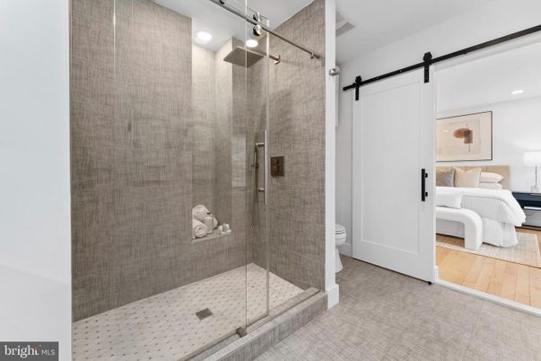 Bathroom, Bedroom, Glass Shower, Interior, Recessed Lighting, Wood Texture Flooring