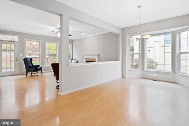 Empty room, Fireplace, Interior, Pendant Lights, Wood Texture Flooring