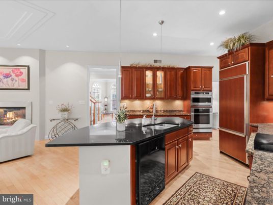 Fireplace, Interior, Kitchen, Pendant Lights, Recessed Lighting, Stainless Steel Appliances, Wood Texture Flooring