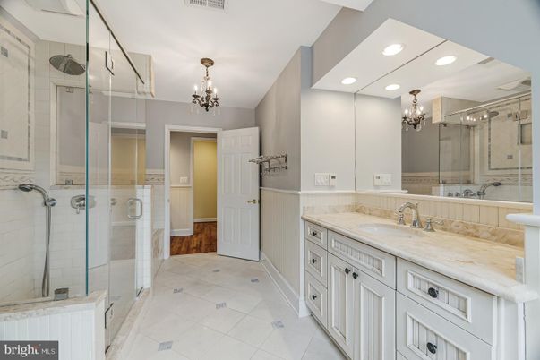 Bathroom, Chandelier, Dual Sink Vanities, Glass Shower, Interior, Recessed Lighting