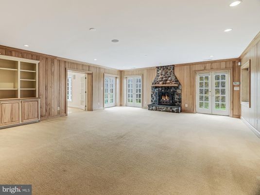 Empty room, Fireplace, Interior, Recessed Lighting, Wooden Walls