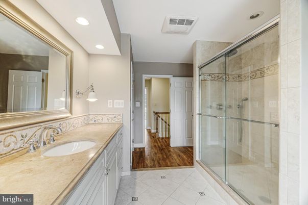 Bathroom, Glass Shower, Interior, Recessed Lighting, Wood Texture Flooring