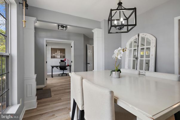 Dining room, Interior, Pendant Lights, Wood Texture Flooring