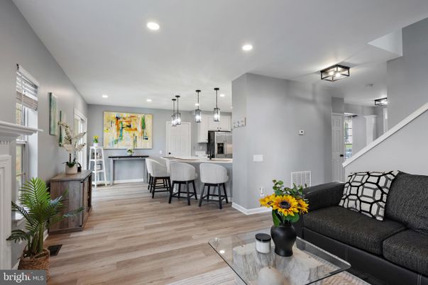Interior, Kitchen, Living room, Pendant Lights, Recessed Lighting, Wood Texture Flooring
