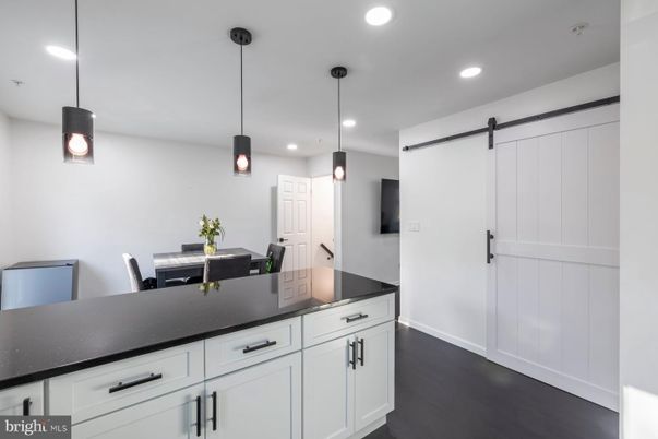 Dining room, Interior, Kitchen, Pendant Lights, Recessed Lighting, Wood Texture Flooring