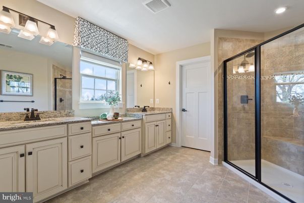 Bathroom, Dual Sink Vanities, Glass Shower, Interior, Recessed Lighting