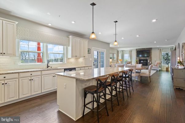 Dining room, Fireplace, Interior, Kitchen, Living room, Pendant Lights, Recessed Lighting, Wood Texture Flooring