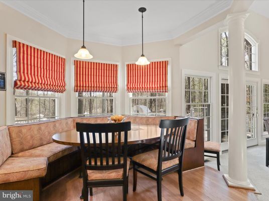 Dining room, Interior, Pendant Lights, Wood Texture Flooring