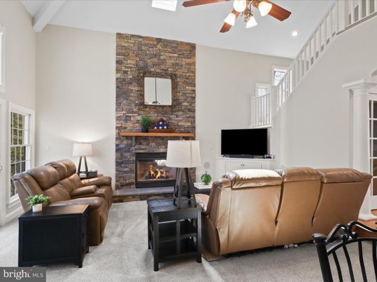Fireplace, Interior, Living room, Recessed Lighting, Stone Walls