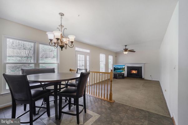 Chandelier, Dining room, Fireplace, Interior