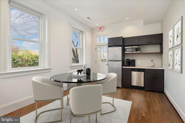 Dining room, Interior, Kitchen, Recessed Lighting, Stainless Steel Appliances, Wood Texture Flooring