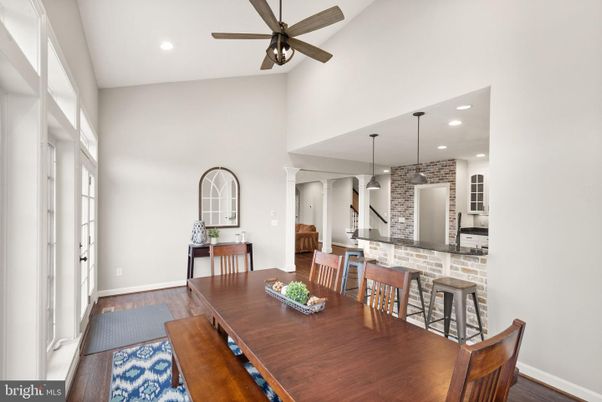 Dining room, Interior, Pendant Lights, Recessed Lighting, Stone Walls, Wooden Beams, Wood Texture Flooring