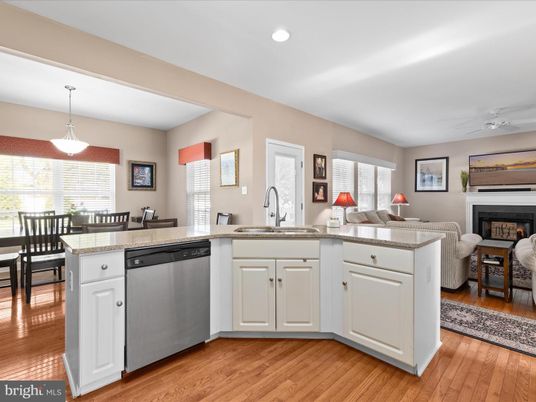 Dining room, Fireplace, Interior, Kitchen, Living room, Pendant Lights, Recessed Lighting, Wood Texture Flooring