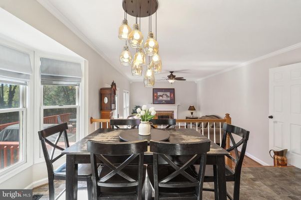 Dining room, Interior, Pendant Lights, Wood Texture Flooring