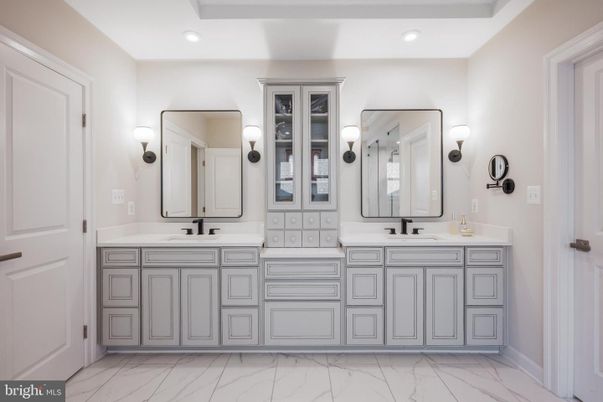 Bathroom, Dual Sink Vanities, Interior, Marble, Recessed Lighting