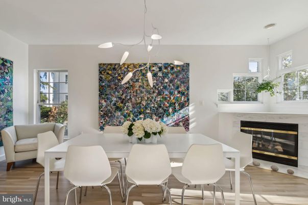 Dining room, Fireplace, Interior, Pendant Lights, Wood Texture Flooring