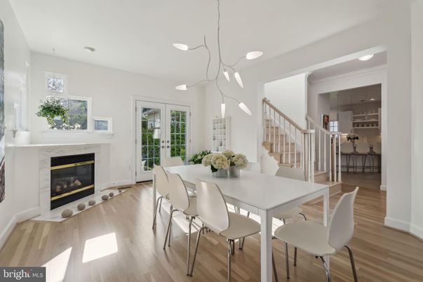 Dining room, Fireplace, Interior, Pendant Lights, Recessed Lighting, Wood Texture Flooring