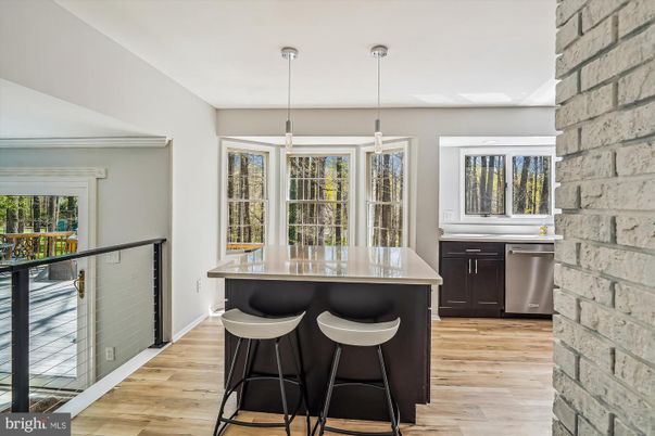 Interior, Kitchen, Pendant Lights, Stone Walls, Wood Texture Flooring