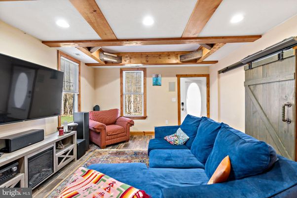 Interior, Living room, Recessed Lighting, Wooden Beams, Wood Texture Flooring