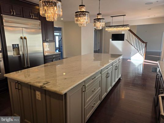 Chandelier, Interior, Kitchen, Recessed Lighting, Stainless Steel Appliances, Wood Texture Flooring