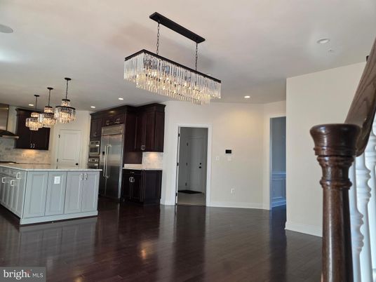 Chandelier, Interior, Kitchen, Pendant Lights, Recessed Lighting, Stainless Steel Appliances, Wood Texture Flooring