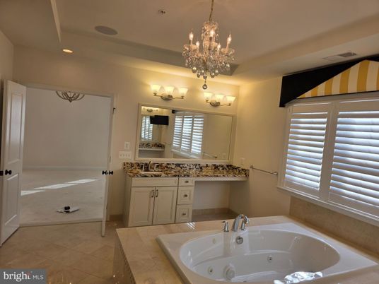 Bathroom, Chandelier, Dual Sink Vanities, Interior, Recessed Lighting