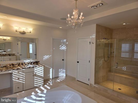 Bathroom, Chandelier, Glass Shower, Interior, Recessed Lighting