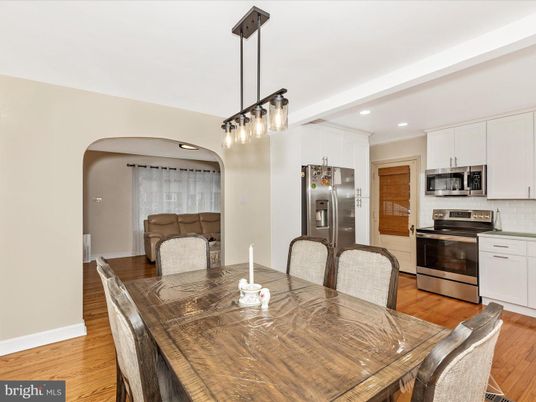 Dining room, Interior, Kitchen, Pendant Lights, Recessed Lighting, Stainless Steel Appliances, Wood Texture Flooring