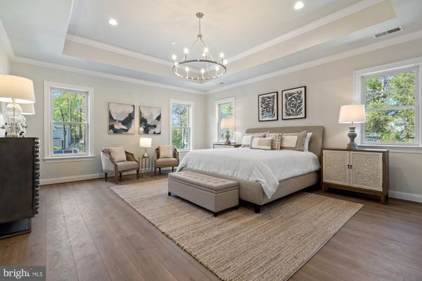 Bedroom, Chandelier, Interior, Pendant Lights, Recessed Lighting, Wood Texture Flooring
