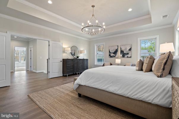 Bedroom, Chandelier, Interior, Pendant Lights, Recessed Lighting, Wood Texture Flooring
