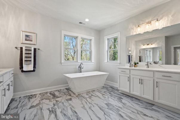 Bathroom, Dual Sink Vanities, Free Standing Baths, Interior, Marble, Recessed Lighting