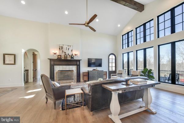 Fireplace, Interior, Living room, Recessed Lighting, Wooden Beams, Wood Texture Flooring