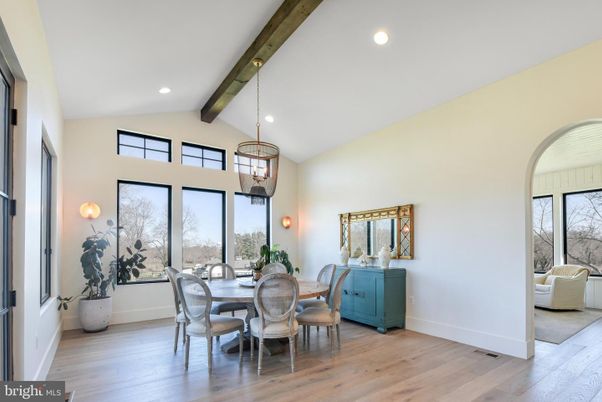 Dining room, Interior, Pendant Lights, Recessed Lighting, Wooden Beams, Wood Texture Flooring