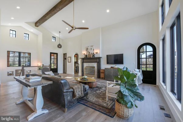 Fireplace, Interior, Living room, Pendant Lights, Recessed Lighting, Wooden Beams, Wood Texture Flooring