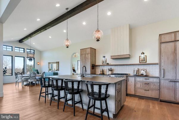 Dining room, Interior, Kitchen, Pendant Lights, Recessed Lighting, Wooden Beams, Wood Texture Flooring
