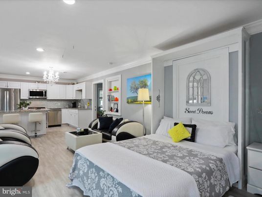 Bedroom, Chandelier, Interior, Kitchen, Living room, Recessed Lighting, Stainless Steel Appliances, Wood Texture Flooring