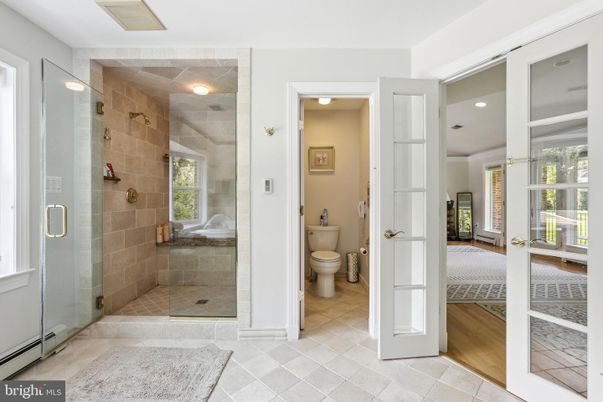 Bathroom, Glass Shower, Interior, Recessed Lighting, Wood Texture Flooring