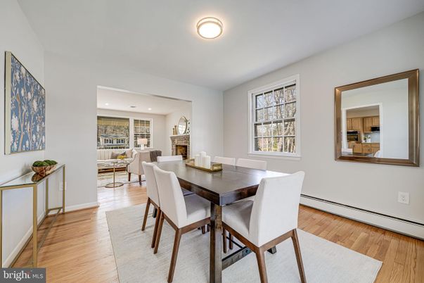 Dining room, Fireplace, Interior, Living room, Recessed Lighting, Wood Texture Flooring
