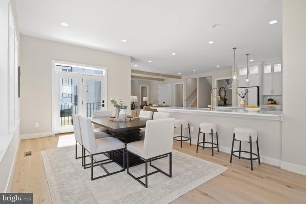Dining room, Interior, Kitchen, Pendant Lights, Recessed Lighting, Wood Texture Flooring