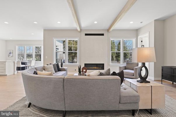 Dining room, Fireplace, Interior, Living room, Recessed Lighting, Wooden Beams, Wood Texture Flooring