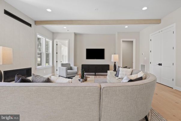 Fireplace, Interior, Living room, Recessed Lighting, Wooden Beams, Wood Texture Flooring