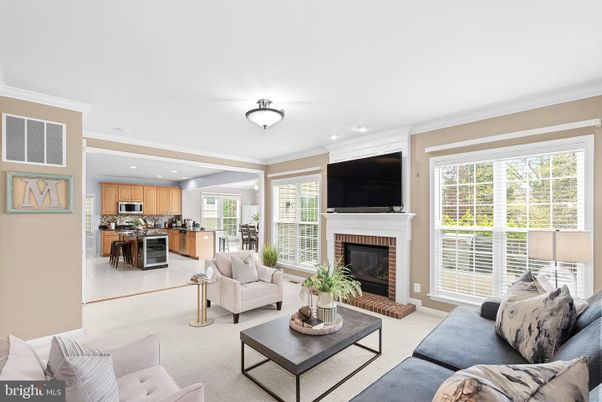 Fireplace, Interior, Kitchen, Living room, Recessed Lighting, Stainless Steel Appliances