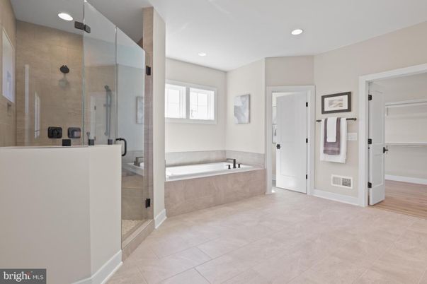 Bathroom, Glass Shower, Interior, Recessed Lighting, Wood Texture Flooring