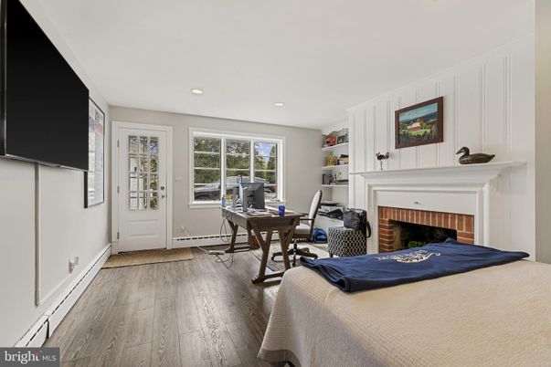 Fireplace, Home Office, Interior, Recessed Lighting, Wood Texture Flooring