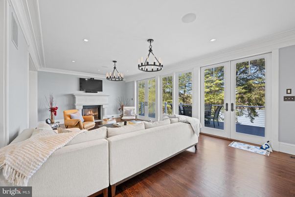 Chandelier, Fireplace, Interior, Living room, Recessed Lighting, Wood Texture Flooring