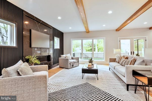 Fireplace, Interior, Living room, Recessed Lighting, Wooden Beams, Wood Texture Flooring